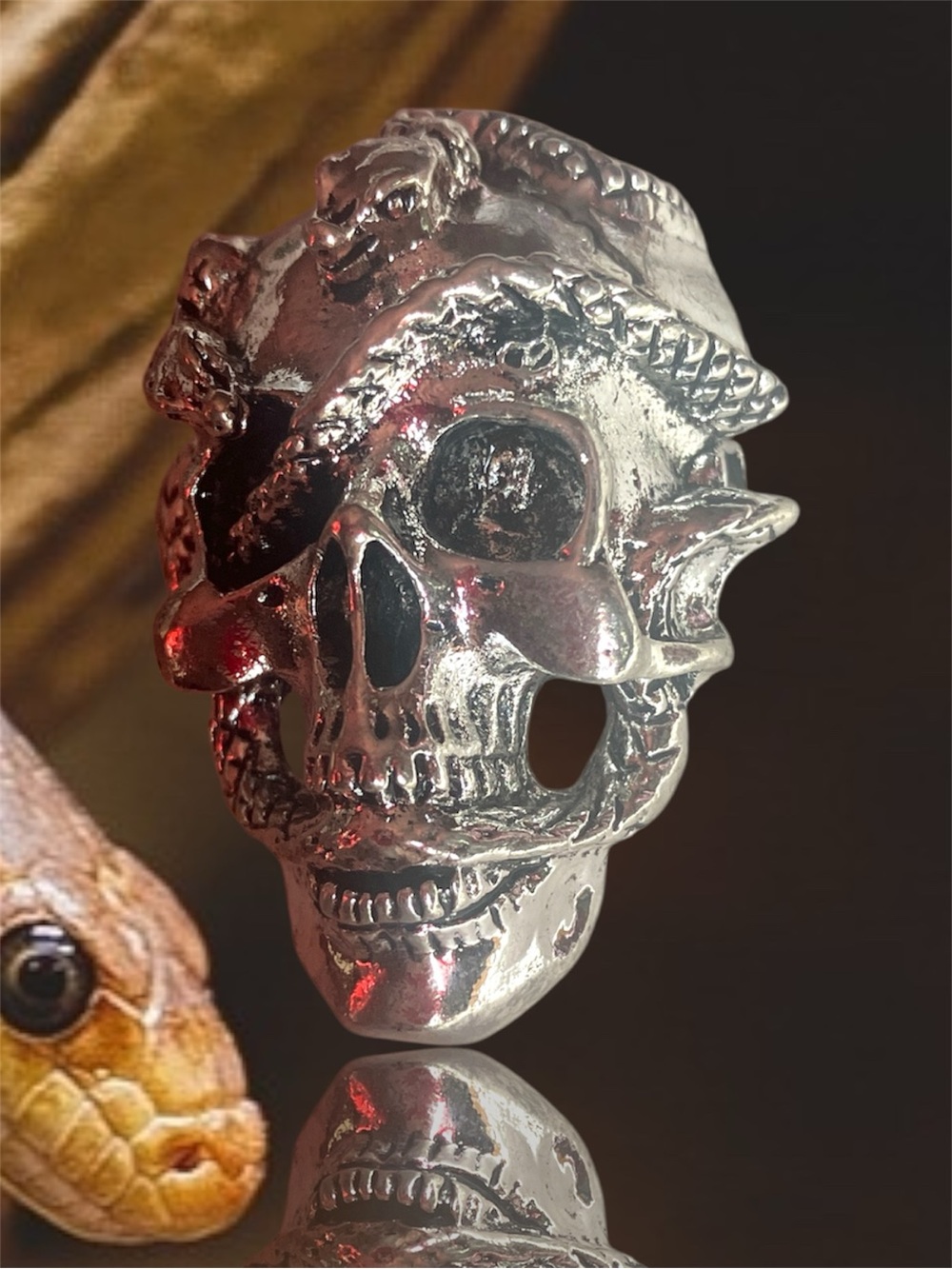 New Men's Silver Tone Skull Pin Brooch with Serpents Snakes Slithering Around